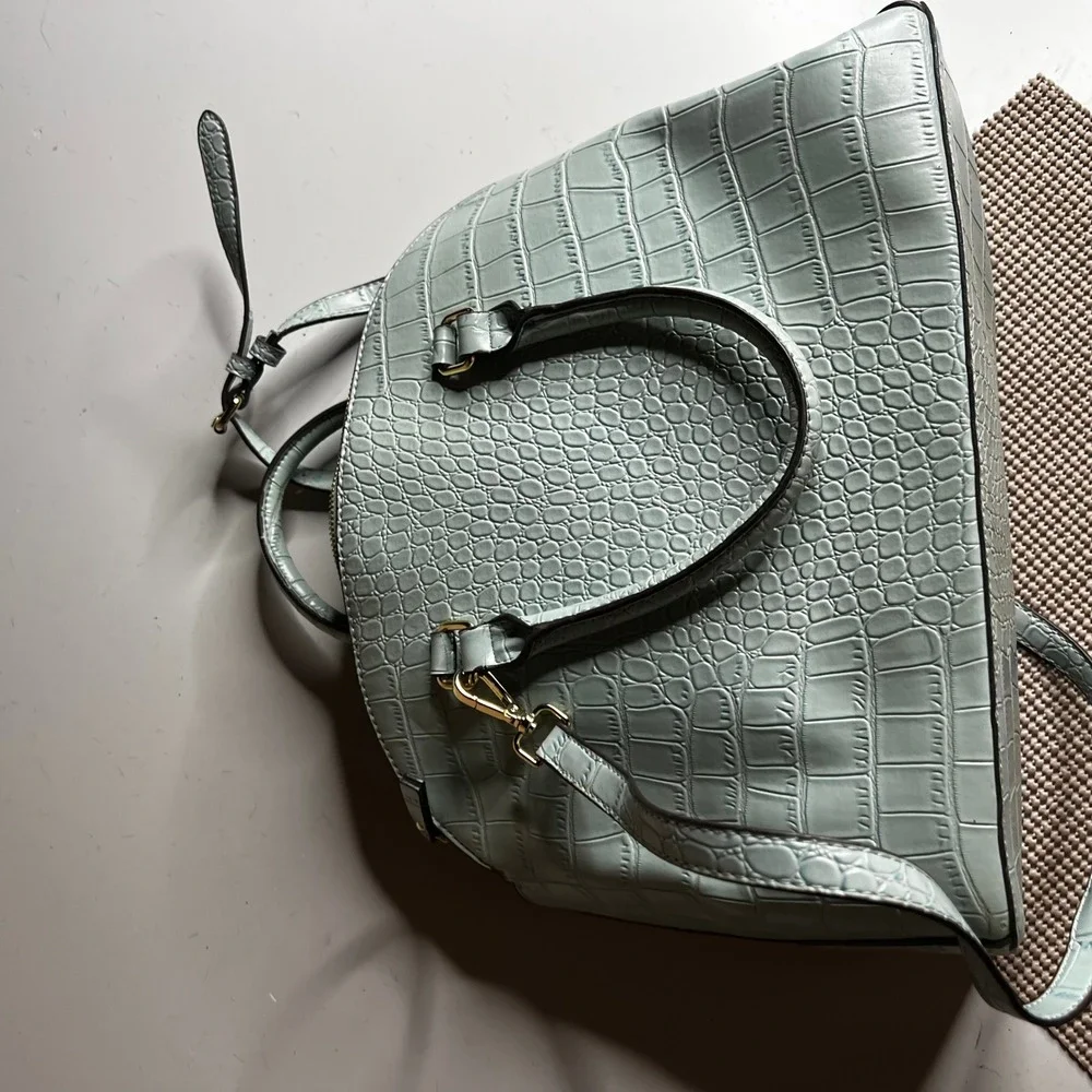 Anne Klein Mint Green Croc Embossed Satchel Crossbody Bag Gold Hardware